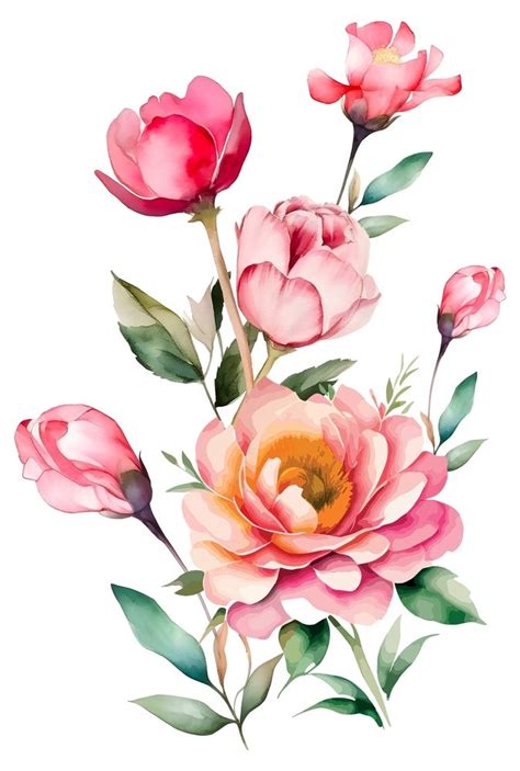 Watercolor Painting Of Pink Flowers With Green Leaves