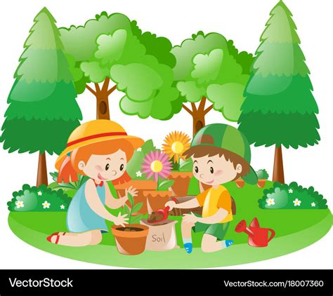 Two kids planting tree in garden Royalty Free Vector Image