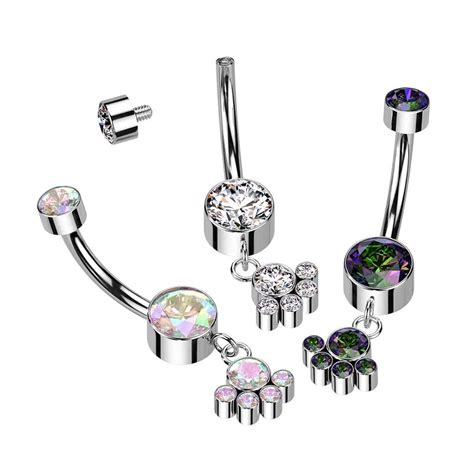 Internally Threaded Titanium Cz Belly Bar With Dangle 5 Cz Bezel Set