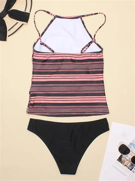 Spaghetti Striped Pattern Beachwear Backless Print Tankini Temu