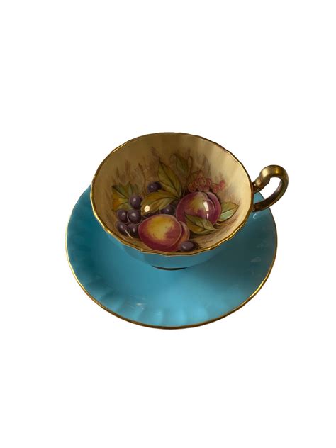 As Is Aynsley Blue Oban Shaped Tea Cup And Saucer Fruit Orchard Peaches