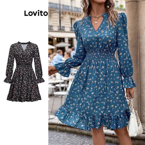 Lovito Casual Ditsy Floral Lettuce Trim Smocked Dress For Women