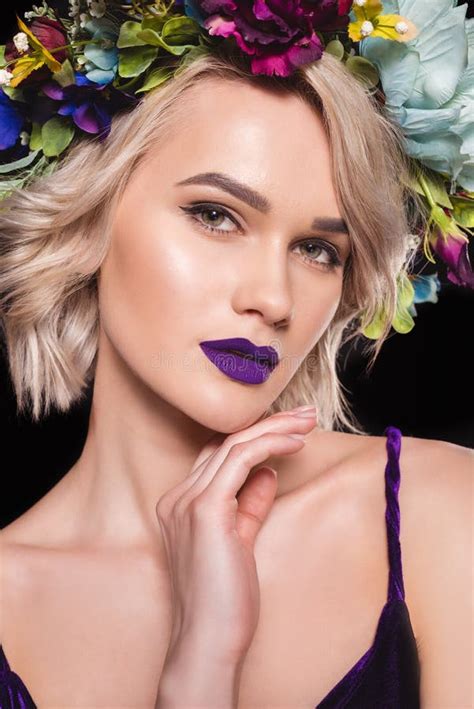 Portrait Of Beautiful Blonde Girl Posing In Floral Wreath Stock Image Image Of Caucasian