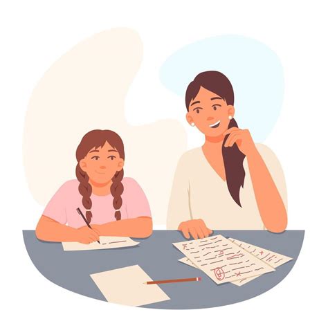Student sitting near female teacher, listening and writing 37897189 ...