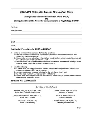 Fillable Online Apa 2014 APA Scientific Awards Nomination Form Apa