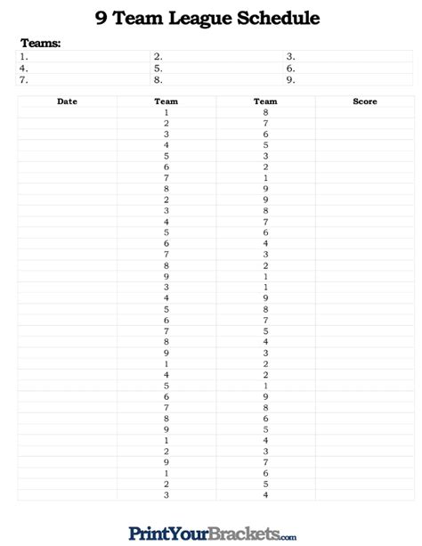 Printable 9 Team League Schedule