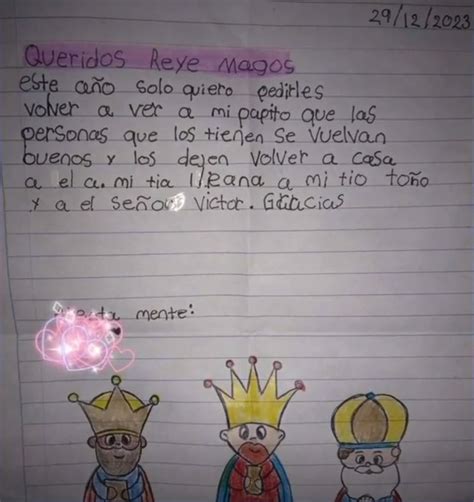 Niña pide en su carta a los Reyes Magos que devuelvan con vida a su