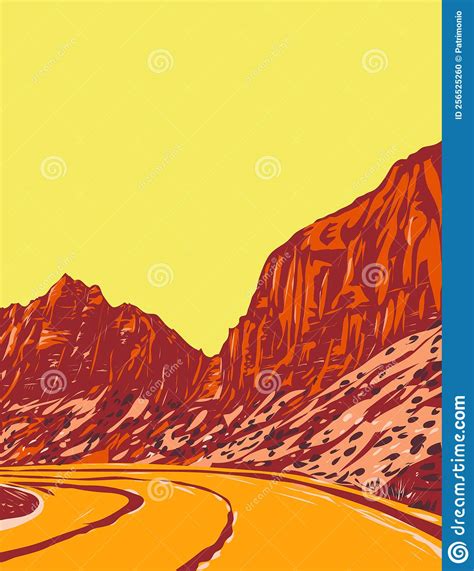 Zion Canyon In Zion National Park Along Zion Park Blvd In Springdale Utah Wpa Poster Art Vector