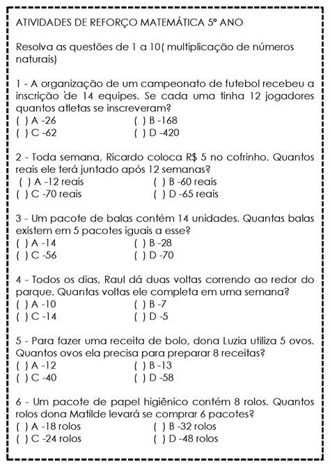 Prova De Matematica 5 Ano Para Imprimir LearnBrazil