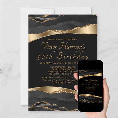 Mans Black Gold Agate Birthday Party Invitation Zazzle