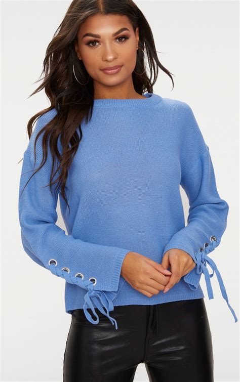 Blue Lace Up Sleeve Sweater Prettylittlething Usa