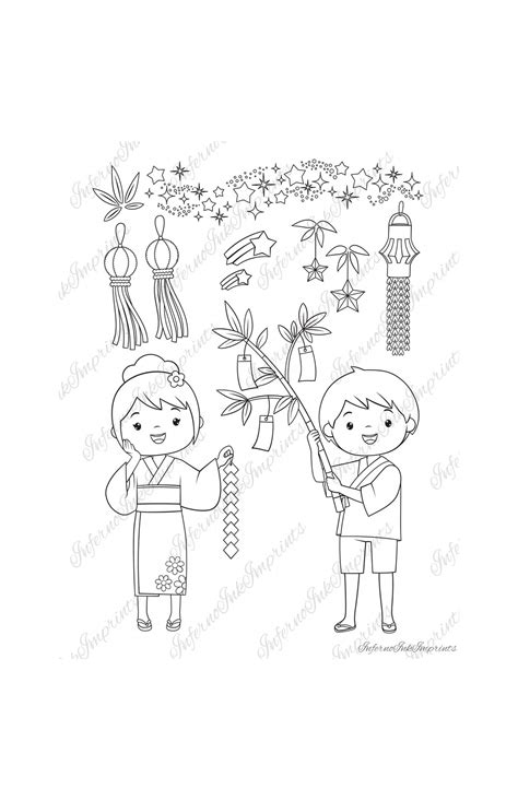 Tanabata Coloring Page Japanese Star Festival Bamboo Wishes Stars