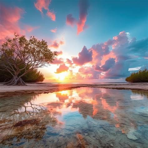 Mangrove tropical beach at sunset | Premium AI-generated image