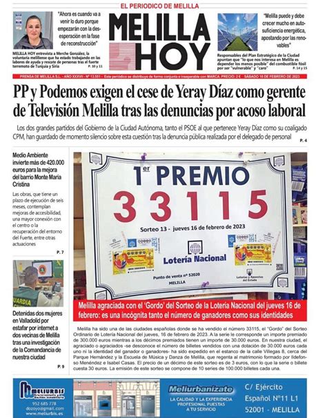 Consulte La Portada De Melilla Hoy Del S Bado De Febrero De