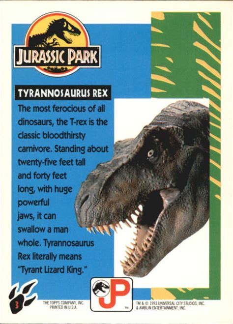 1993 Topps Jurassic Park Gold 3 Tyrannosaurus Rex Nm Mt