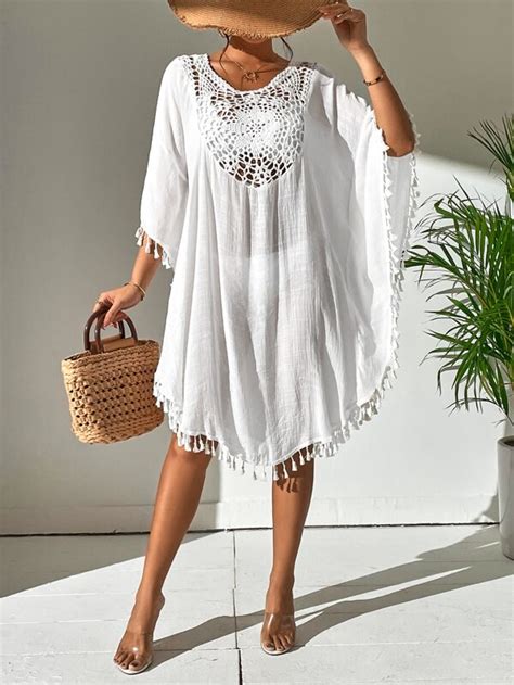 Shein Swim Bohofeel Tassel Trim Crochet Detail Cover Up Dress Shein Uk