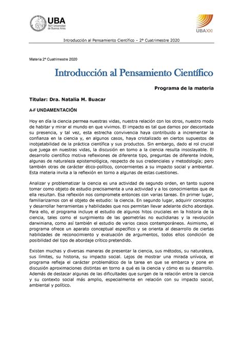 Uba Xxi Programa De La Materia Ipc Introducci N Al Pensamiento