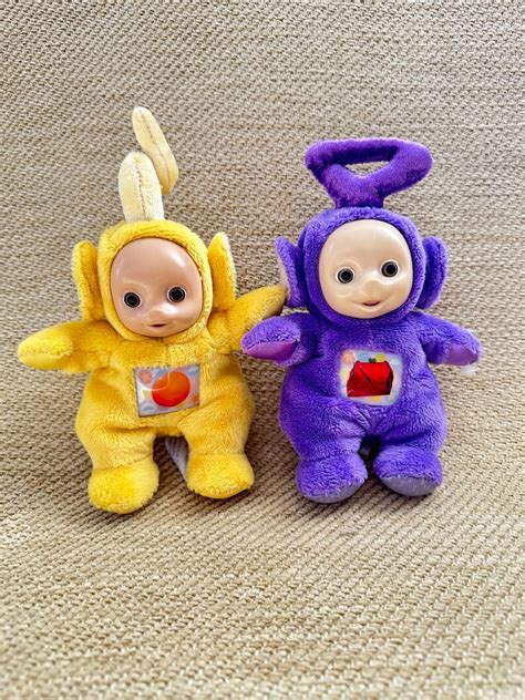 4 X Vintage 1996 Full Set Teletubbies Mini Beanie Rattle Bell Crinkle Tinky Winky Lala Po Dipsy