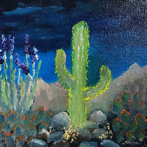 Cacti Painting Cactus Night Desert Decor Small Oil Painting Cactus