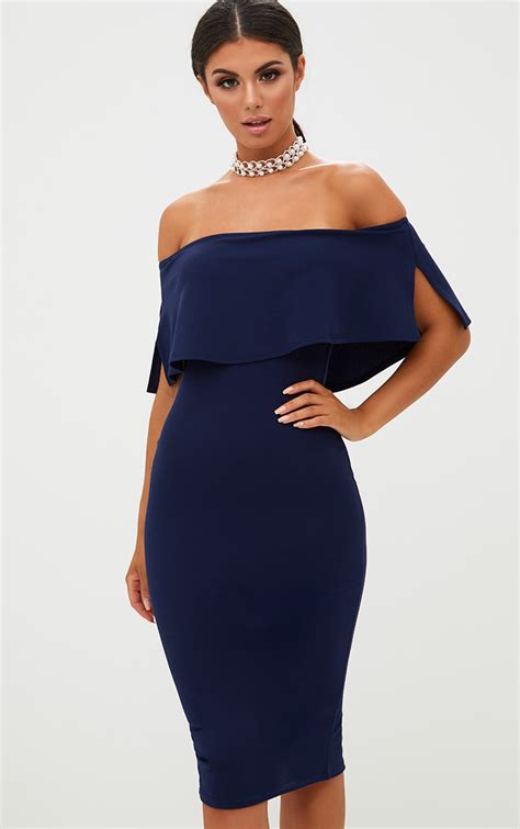 Navy Bardot Frill Midi Dress Prettylittlething Usa