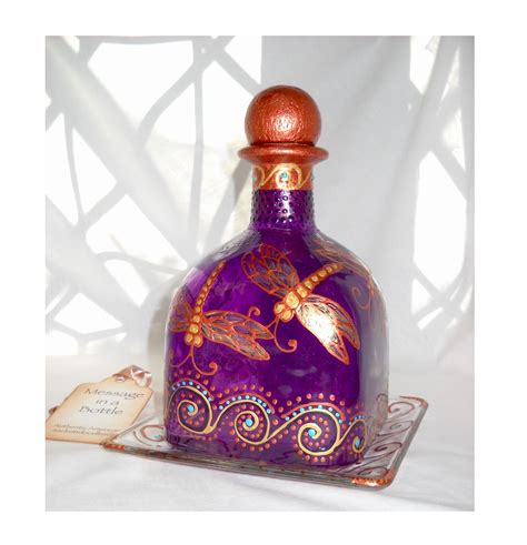 Dragonfly Patron Bottle Hand Painted Decanter Purple Glass With Base