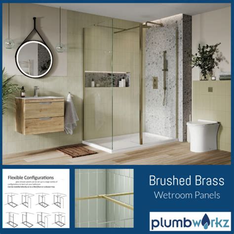 I8 Brushed Brass Wetroom Panel With Support Optional Hinged Return