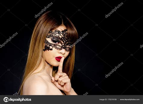 Beautiful Woman With Black Lace Mask Over Her Eyes Isolated In B Stock