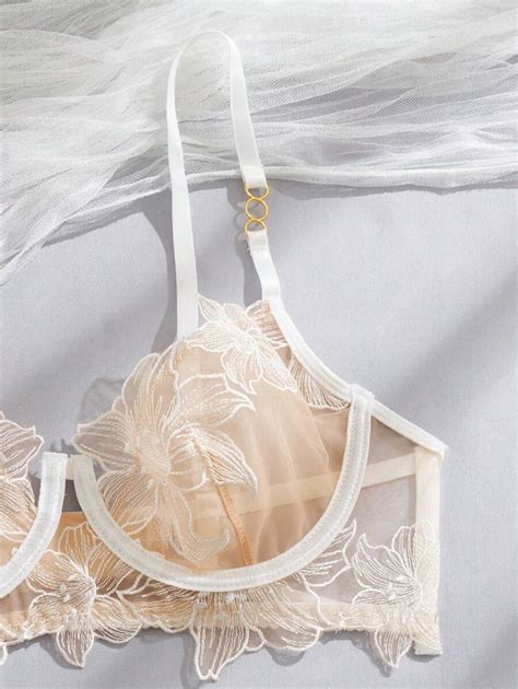 Floral Embroidery Mesh Underwire Lingerie Set Shein Usa