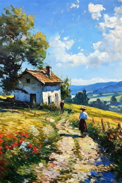 Sisley style impressionist painting landscape with cottage p... by Peter Dimmock - Playground