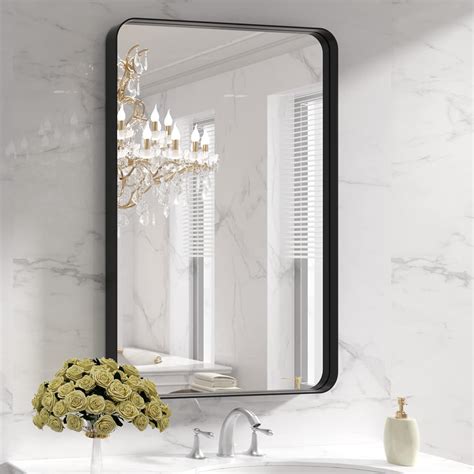 Loaao Black Metal Framed Bathroom Mirror For Wall 24x36 Inch Rounded Rectangle