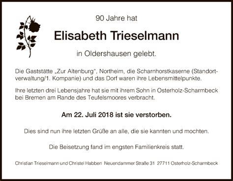 Traueranzeigen Von Elisabeth Trieselmann Trauer Hna De