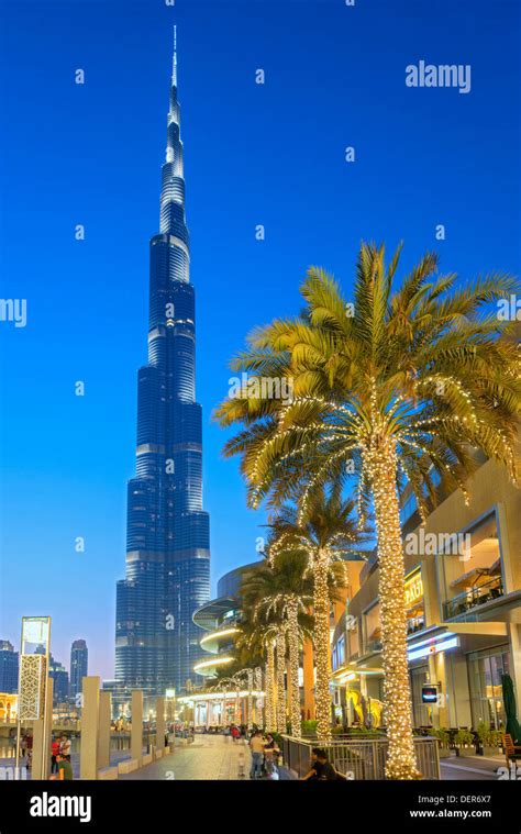 Evening view of Burj Khalifa tower and Dubai Mall shopping centre in ...