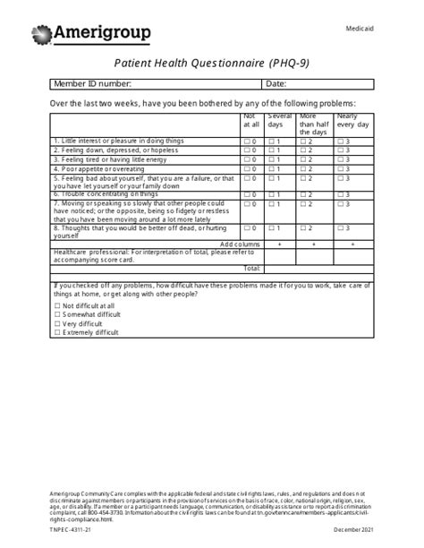 Patient Health Questionnaire Phq 9 Amerigroup Fill Out Sign