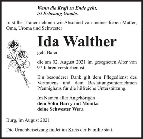 Traueranzeigen Von Ida Walther Geb Baier Abschied Nehmen De