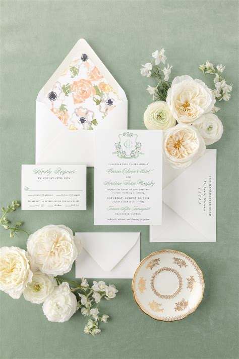 Sage Green Watercolor Crest Wedding Invitation Floral Invitation