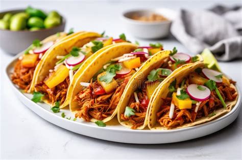 Vegan Jackfruit Tacos On White Round Plate On White Background