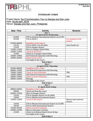 Fillable Online ITINERARY FORM Project Name Surf Familiarization Tour