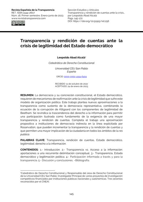 Pdf Transparencia Y Rendición De Cuentas Ante La Crisis De