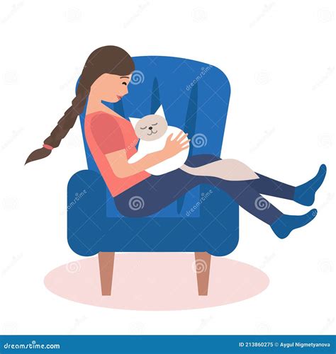 Young Woman Sitting On Armchair With Her Cat Vector Illustration Stock Vector Illustration Of