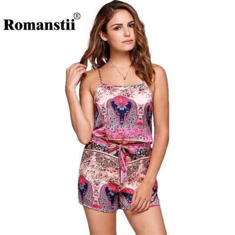 Romanstii Elegant Women Summer Playsuit Sexy Spaghetti Strap Sleeveless Floral Print Belted