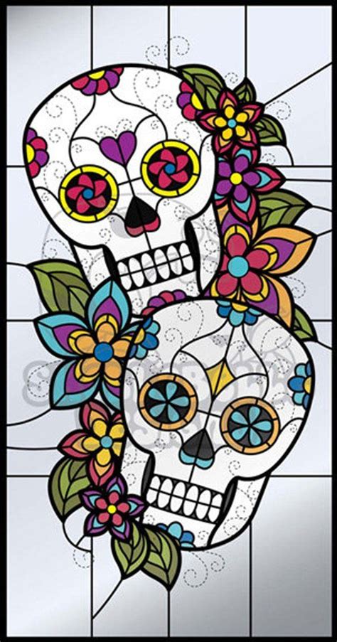 Digital Stained Glass Pattern Dia De Los Muertos Sugar Skulls And Flowers Panel Day Of The Dead