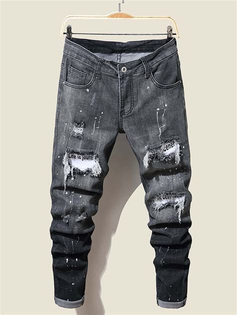 Men Ripped Frayed Rag Stitching Splash Ink Jeans In 2022 Grey Denim Fashion News Mens Denim