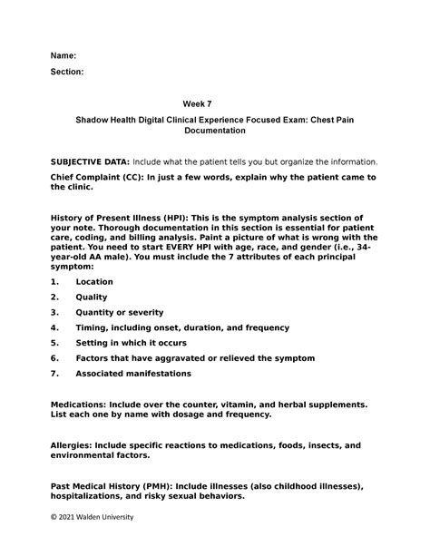Week 7 Sh Focused Chest Pain Template Name Section Week 7 Shadow