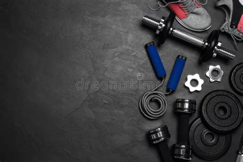 Gym Equipment on Black Background, Flat Lay. Space for Text Stock Image - Image of dark, gear ...