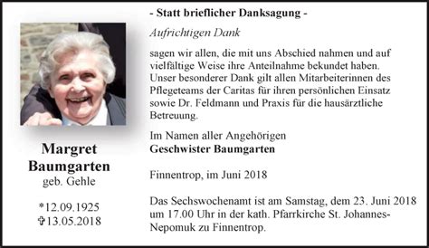 Traueranzeigen Von Margret Baumgarten Trauer In Nrw De