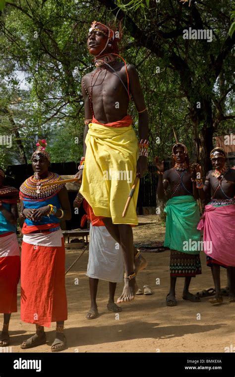 Africa Kenya Young Samburu Morani Dance With Women In Colorful