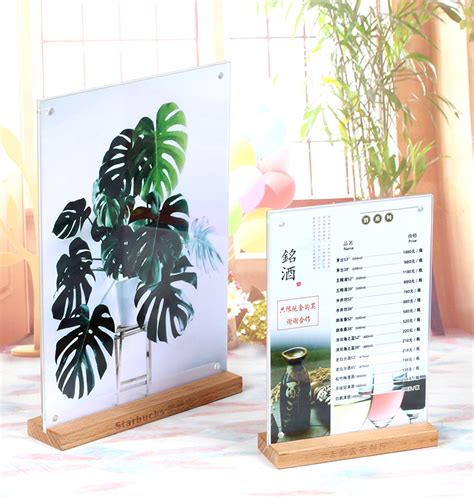 Custom A4 A5 Clear Menu Label Holder Slanted Insert T Shape Acrylic Sign Holder Stand With Wood