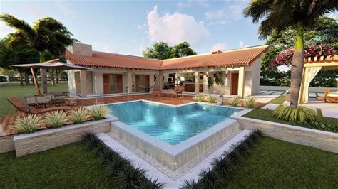 A House With A Swimming Pool In The Front Yard And Lawn Furniture On