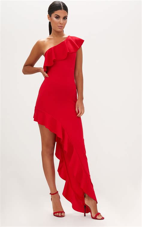 Red One Shoulder Ruffle Detail Asymmetric Maxi Dressdresses Prettylittlething Usa