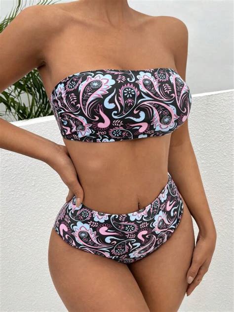 Shein Swim Bohofeel Paisley Print Bandeau Bikini Swimsuit Shein Usa